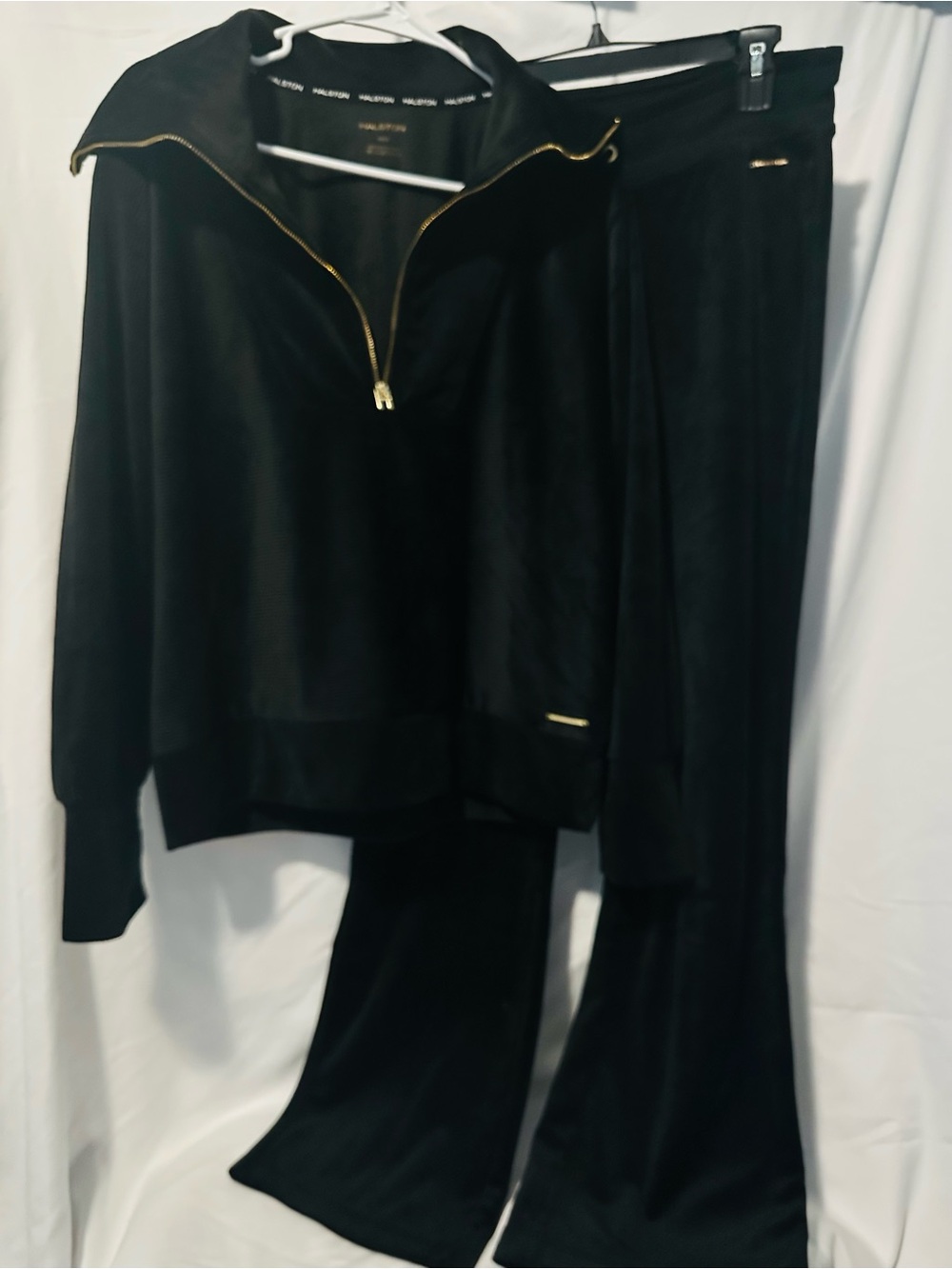 Halston Heritage Black Velour Track Pants & Zip-Neck Top